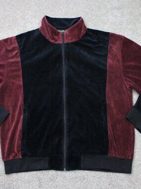 VTG Norm Thompson Velour Track Jacket Mens Medium Black/Purple Full Zip Fleece